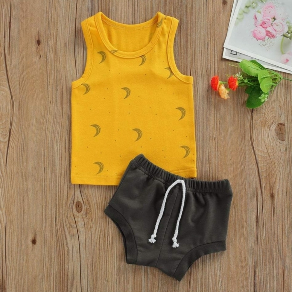 Baby Boy Summer Outfit Mustard Yellow Crescent Moon Tank Top & Charcoal Shorts